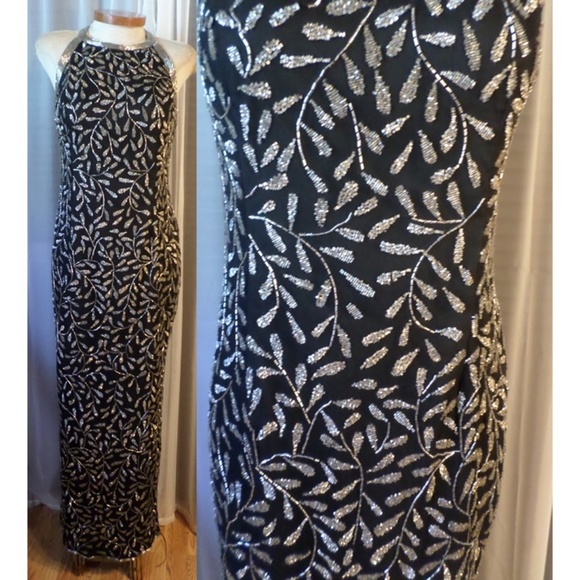 Lady Long Silk Gown Beads Sequin M Kazar Dress VTG - Picture 3 of 8